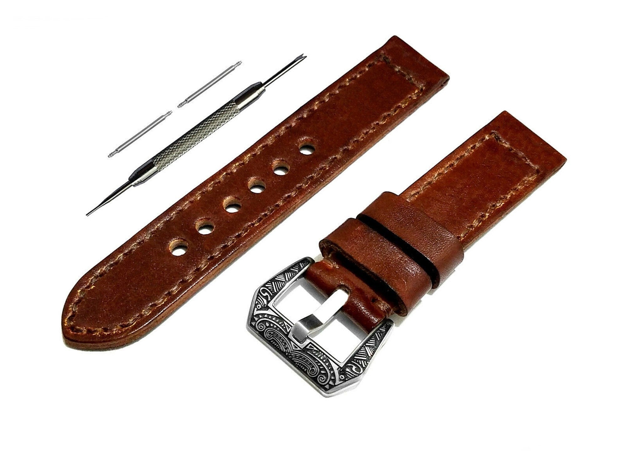 Samsung Dark Brown Band for Galaxy Watch Active 2 40mm 42mm 44mm Premium Leather with Stitches Bracelet Cuff Wristband Strap Pins and Tool